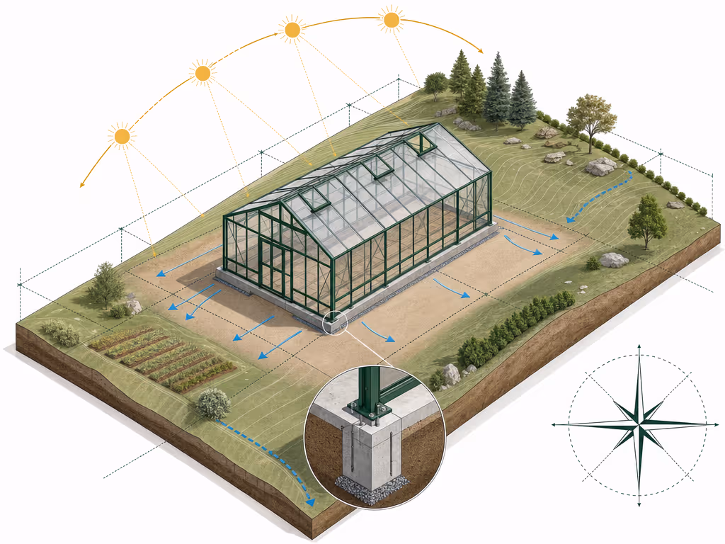 custom_greenhouse_site_planning_sun_path_drainage_anchors