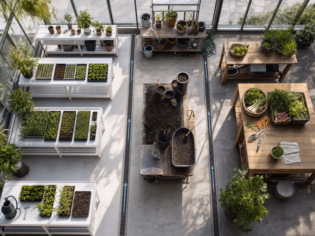 clean_and_dirty_greenhouse_work_zones_with_benches_and_drainage